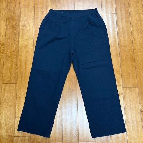 Uniqlo Pants - Uniqlo Seersucker Pants Womens XL Navy Wide Leg Pull On Elastic Waist Cotton